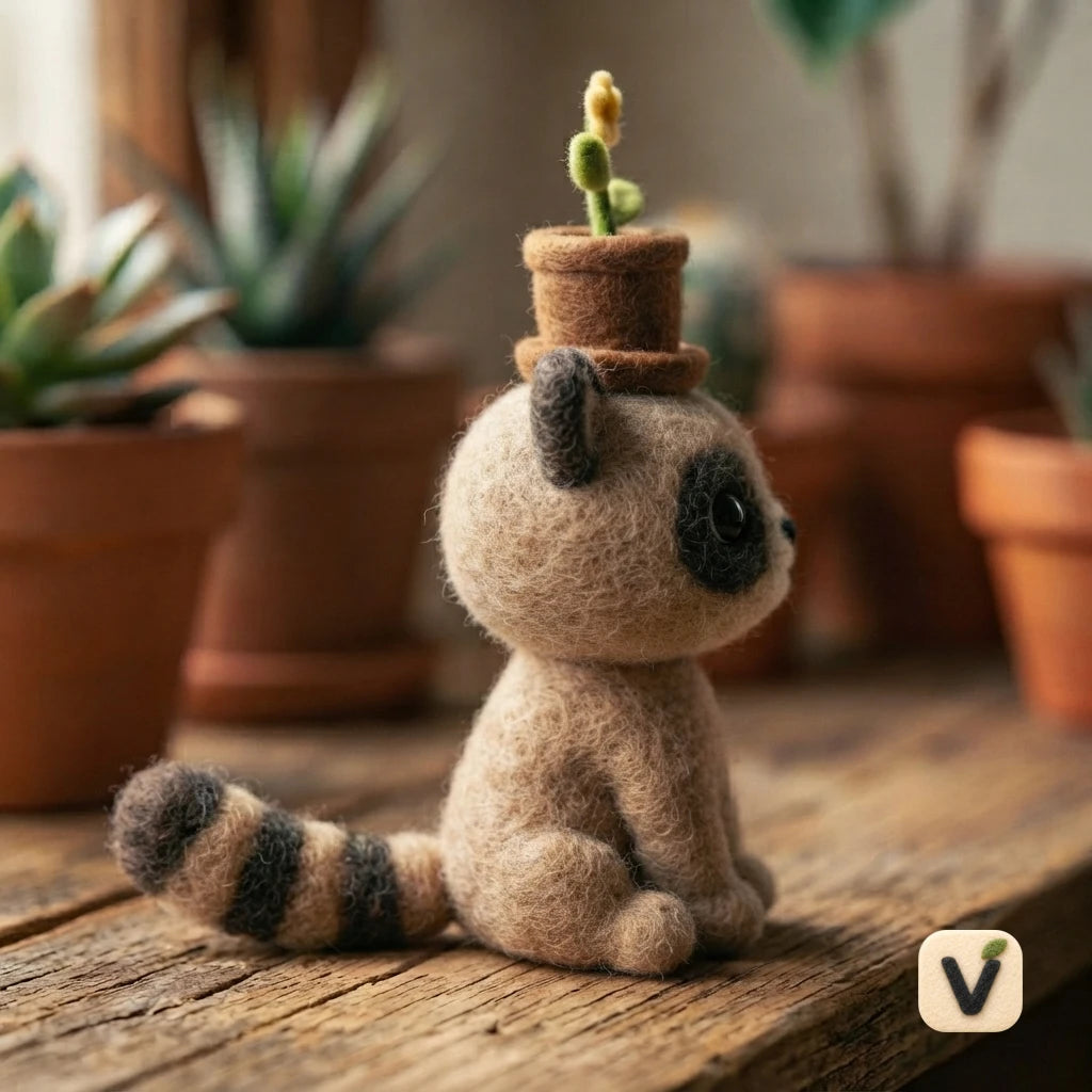 Handmade Wool Felt Kitty Cat with Mini Flower Pot Hat – Warm Growth Themed Desktop Ornament