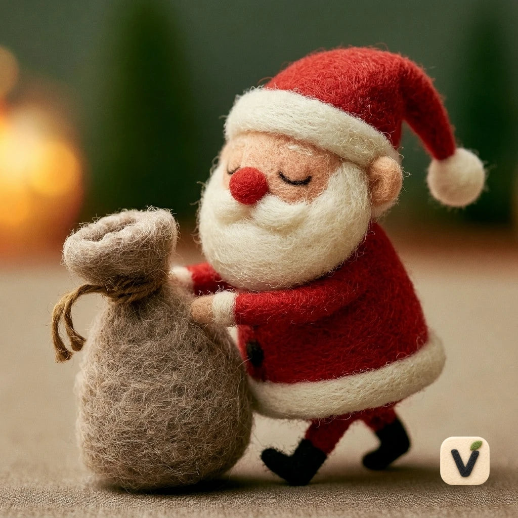 Handmade Wool Felt Santa Claus Pushing Gift Sack – Christmas Warm Festive Desktop Ornament