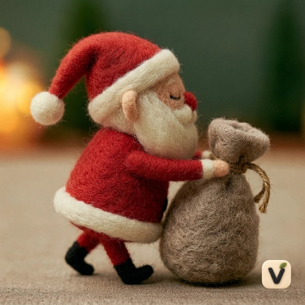 Handmade Wool Felt Santa Claus Pushing Gift Sack – Christmas Warm Festive Desktop Ornament