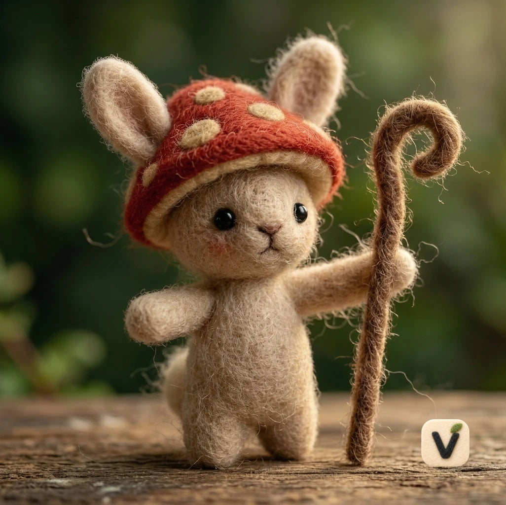 Handmade Wool Felt Bunny with Spotted Red Mushroom Hat and Crook Walking Stick – Forest Adventure Desktop Ornament