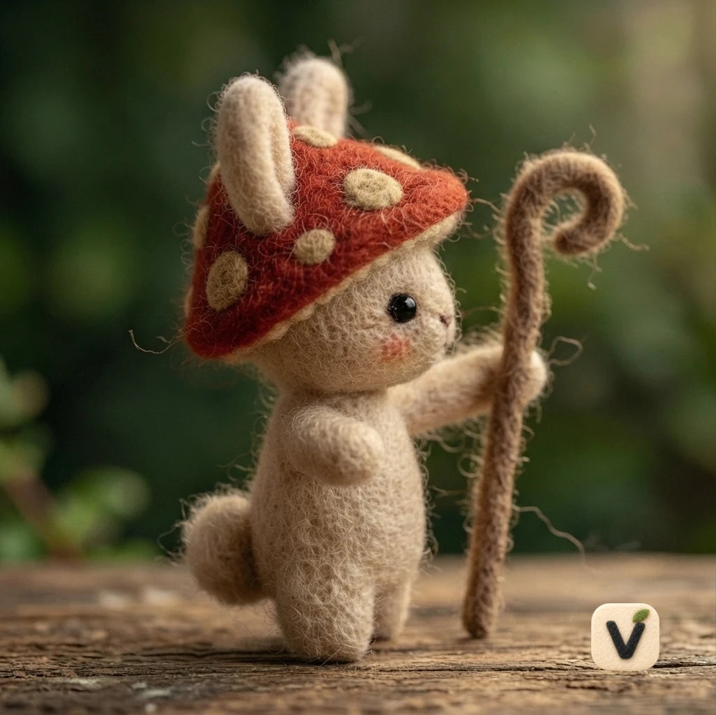 Handmade Wool Felt Bunny with Spotted Red Mushroom Hat and Crook Walking Stick – Forest Adventure Desktop Ornament