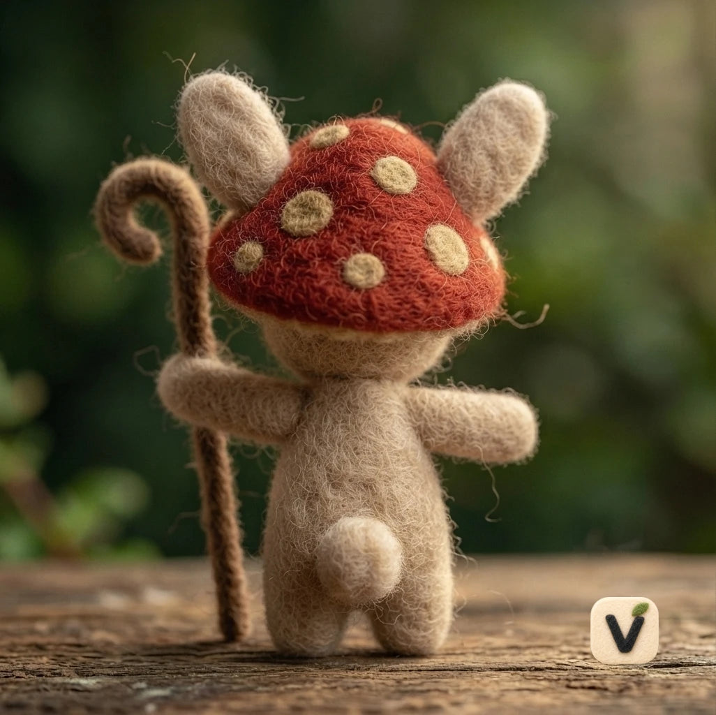 Handmade Wool Felt Bunny with Spotted Red Mushroom Hat and Crook Walking Stick – Forest Adventure Desktop Ornament
