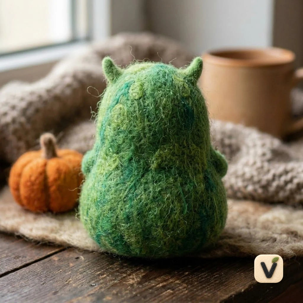 Handmade Wool Felt Chubby Green Little Monster with Mini Pumpkin – Cute Halloween Desktop Ornament