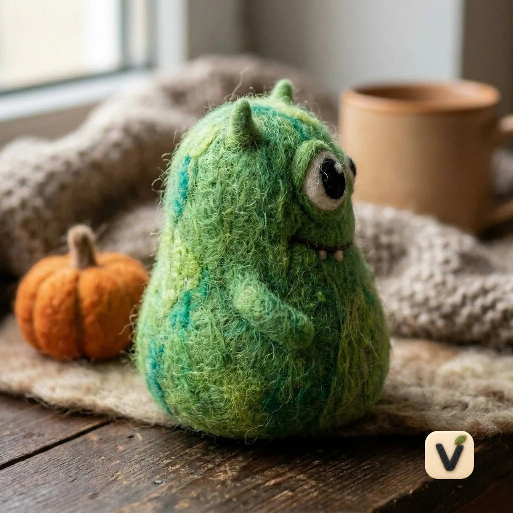 Handmade Wool Felt Chubby Green Little Monster with Mini Pumpkin – Cute Halloween Desktop Ornament