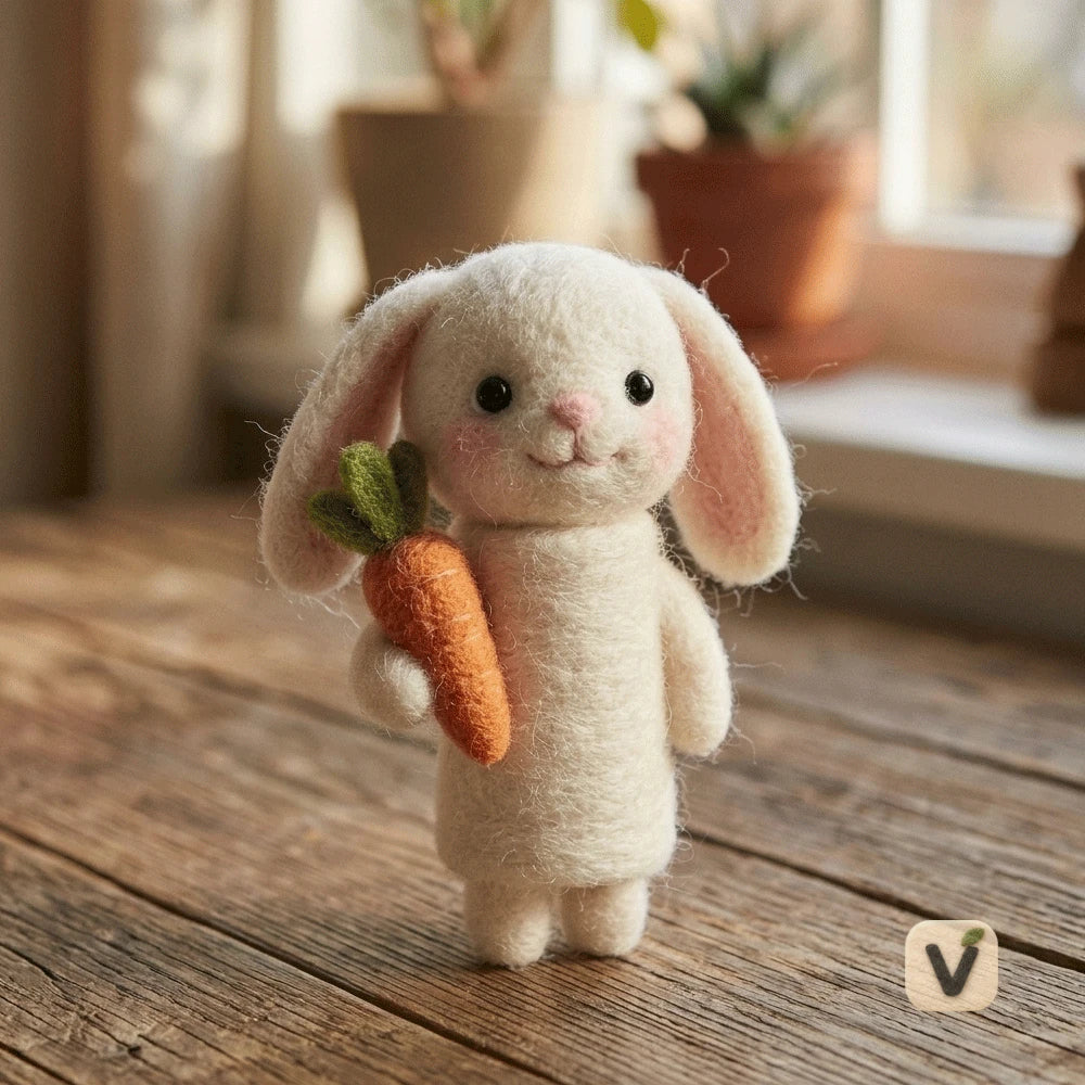 Handmade Wool Felt Floppy Ear White Bunny Holding Carrot – Cute Pastoral Desktop Ornament