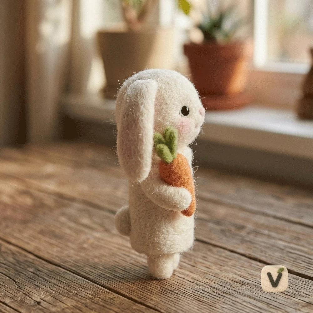 Handmade Wool Felt Floppy Ear White Bunny Holding Carrot – Cute Pastoral Desktop Ornament