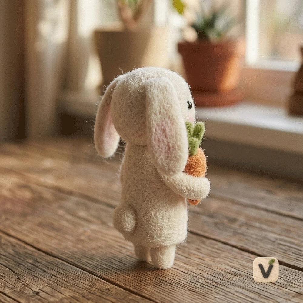 Handmade Wool Felt Floppy Ear White Bunny Holding Carrot – Cute Pastoral Desktop Ornament