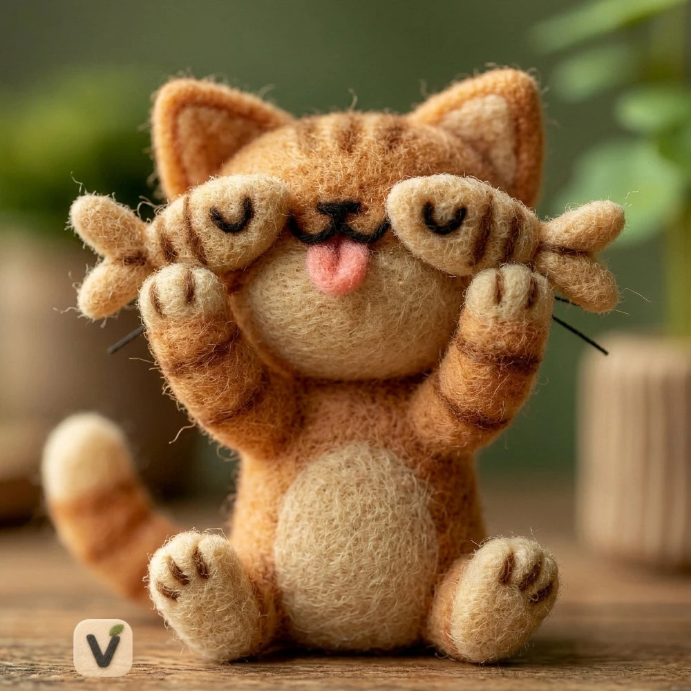 Handmade Wool Felt Orange Tabby Cat Covering Eyes with Two Little Fish – Playful Cute Desktop Ornament
