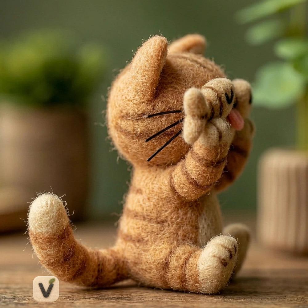 Handmade Wool Felt Orange Tabby Cat Covering Eyes with Two Little Fish – Playful Cute Desktop Ornament