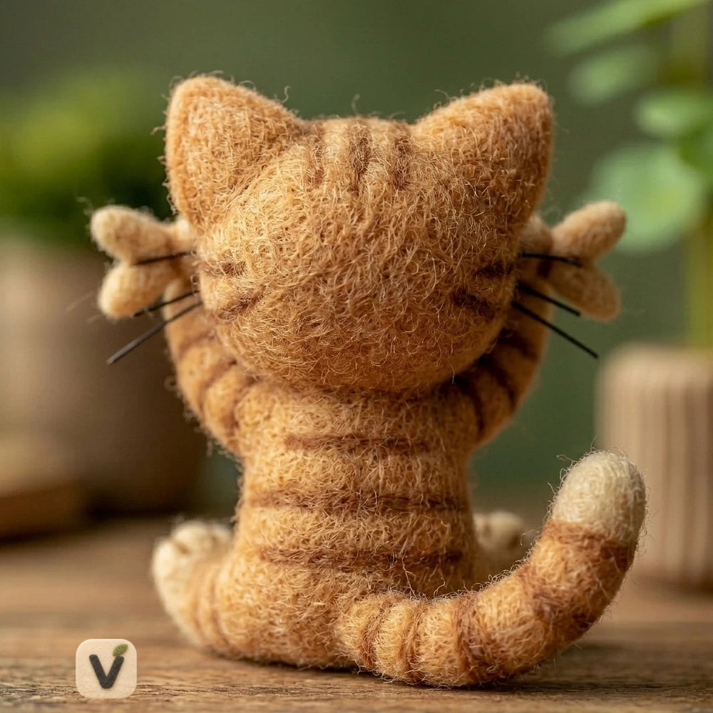 Handmade Wool Felt Orange Tabby Cat Covering Eyes with Two Little Fish – Playful Cute Desktop Ornament
