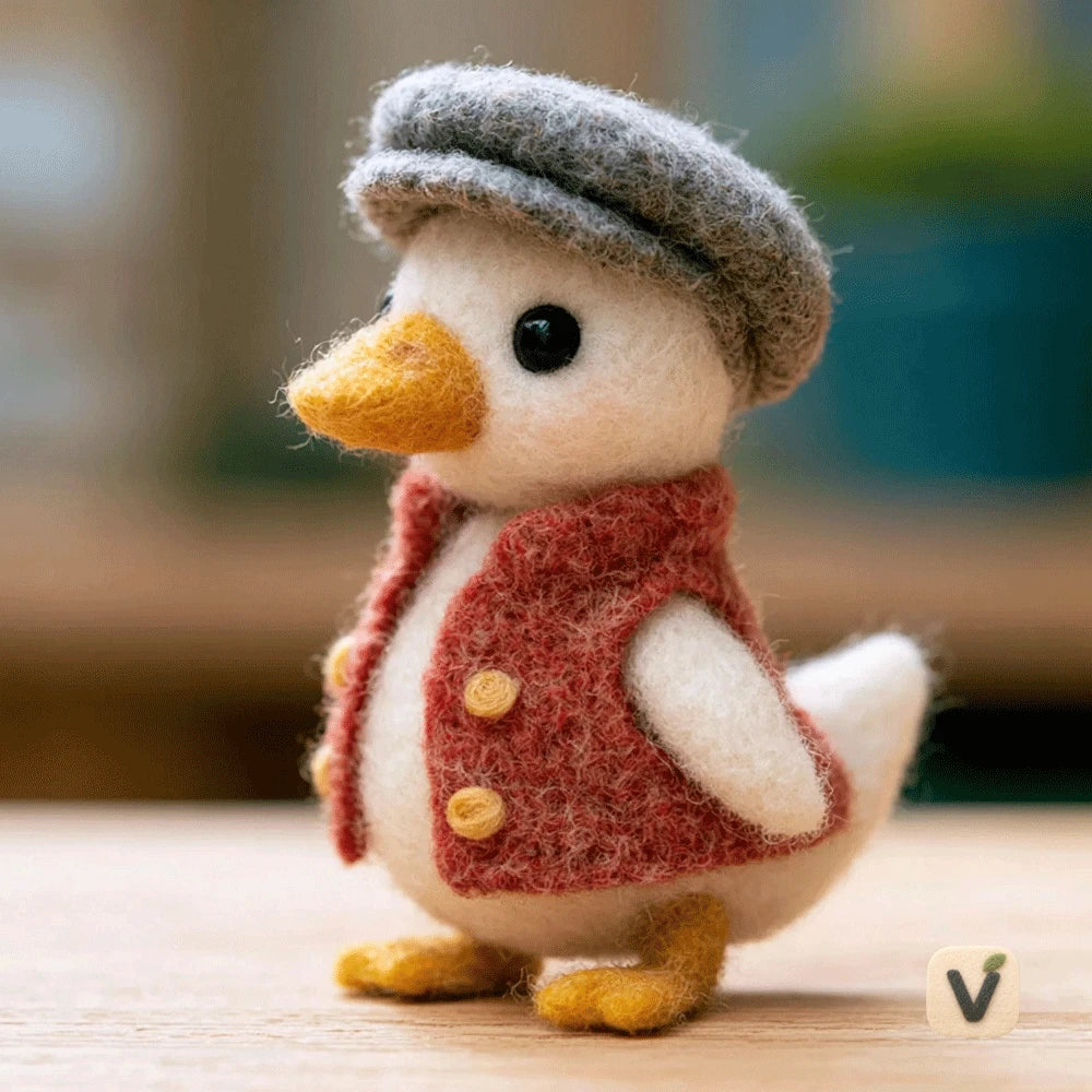 Handmade Wool Felt Gentle White Duck with Grey Flat Cap and Red Button Vest – Vintage Style Desktop Ornament