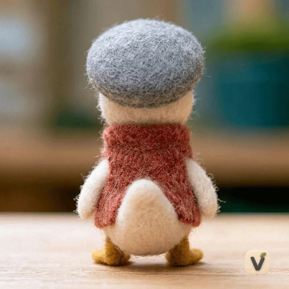Handmade Wool Felt Gentle White Duck with Grey Flat Cap and Red Button Vest – Vintage Style Desktop Ornament