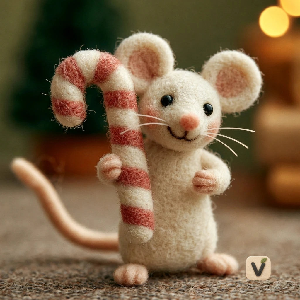Handmade Wool Felt Christmas White Mouse with Striped Candy Cane – Festive Holiday Desktop Ornament
