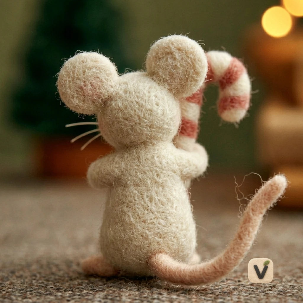 Handmade Wool Felt Christmas White Mouse with Striped Candy Cane – Festive Holiday Desktop Ornament