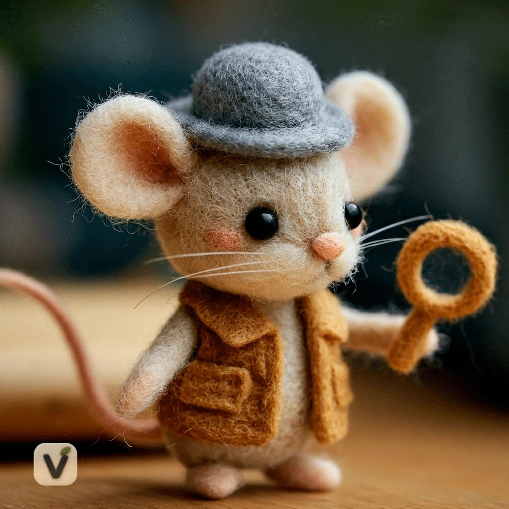 Handmade Wool Felt Detective Mouse with Bowler Hat, Vest and Magnifying Glass – Adventure Themed Desktop Ornament