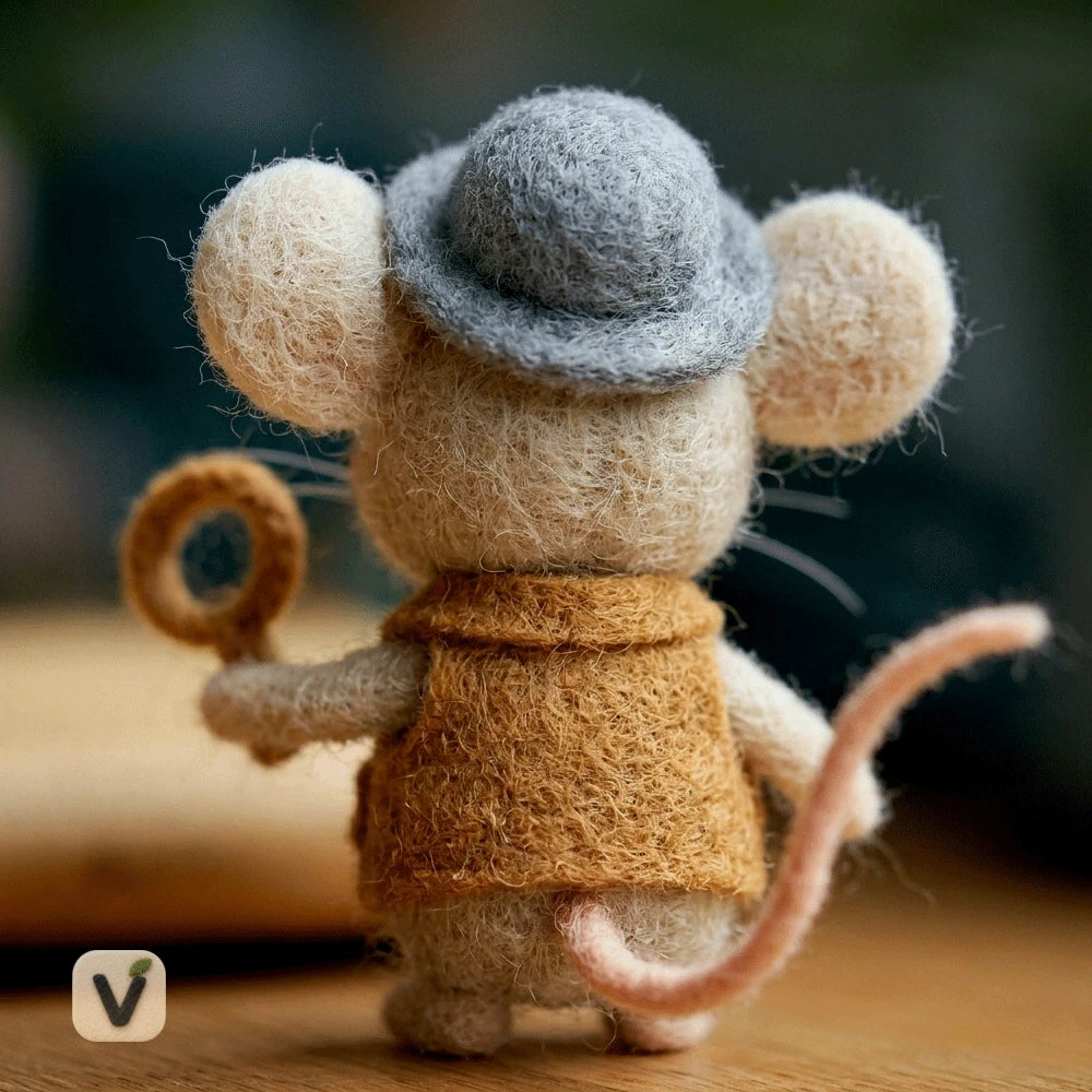 Handmade Wool Felt Detective Mouse with Bowler Hat, Vest and Magnifying Glass – Adventure Themed Desktop Ornament