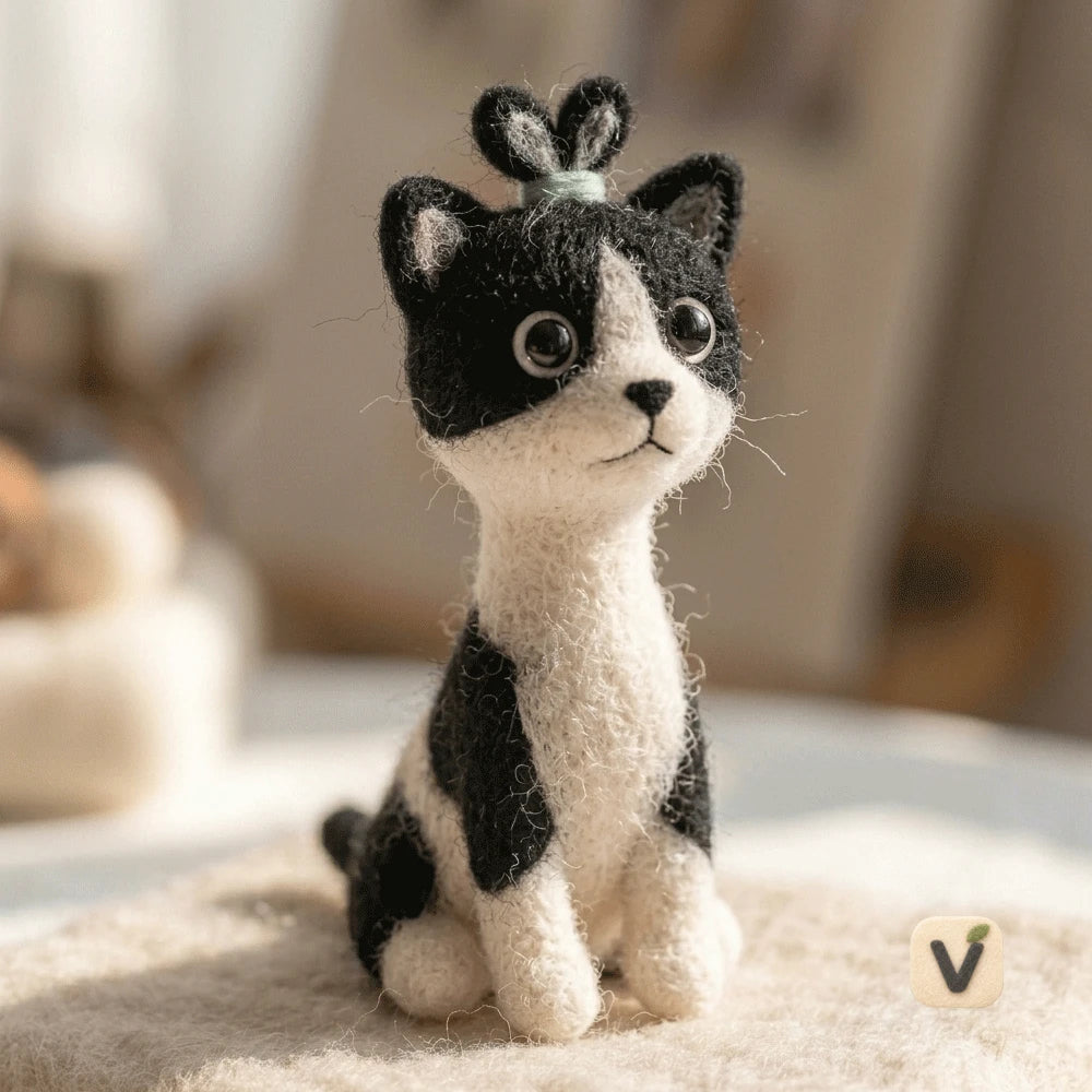 Handmade Wool Felt Black and White Cat with Heart Ornament on Head – Lovely Sitting Desktop Ornament