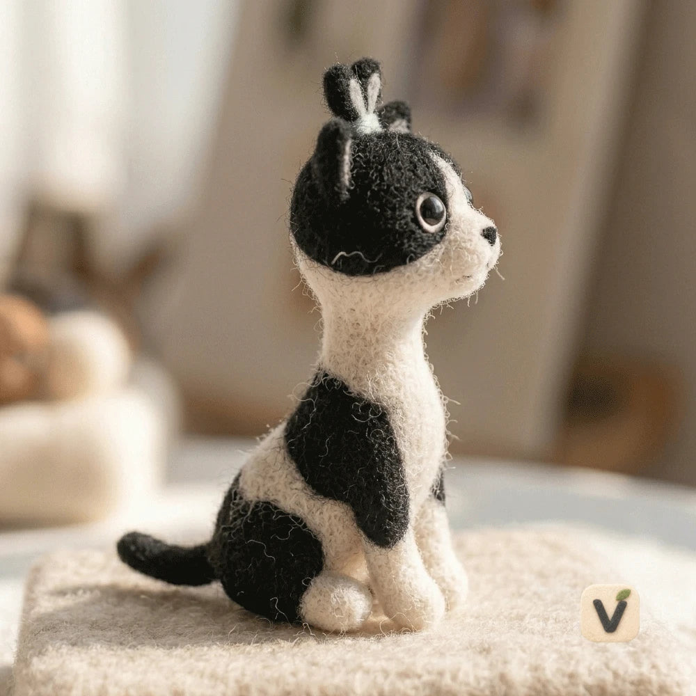 Handmade Wool Felt Black and White Cat with Heart Ornament on Head – Lovely Sitting Desktop Ornament