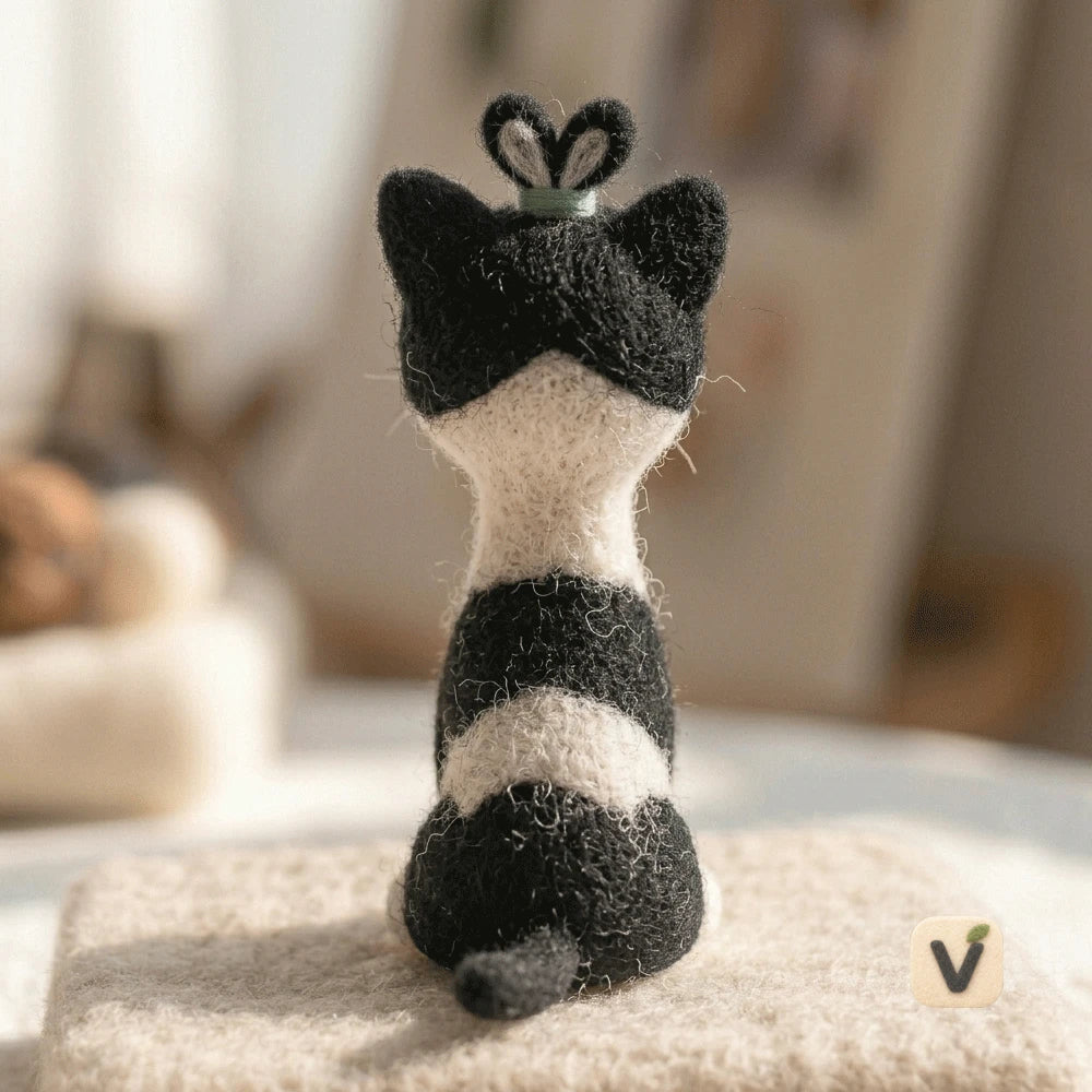 Handmade Wool Felt Black and White Cat with Heart Ornament on Head – Lovely Sitting Desktop Ornament