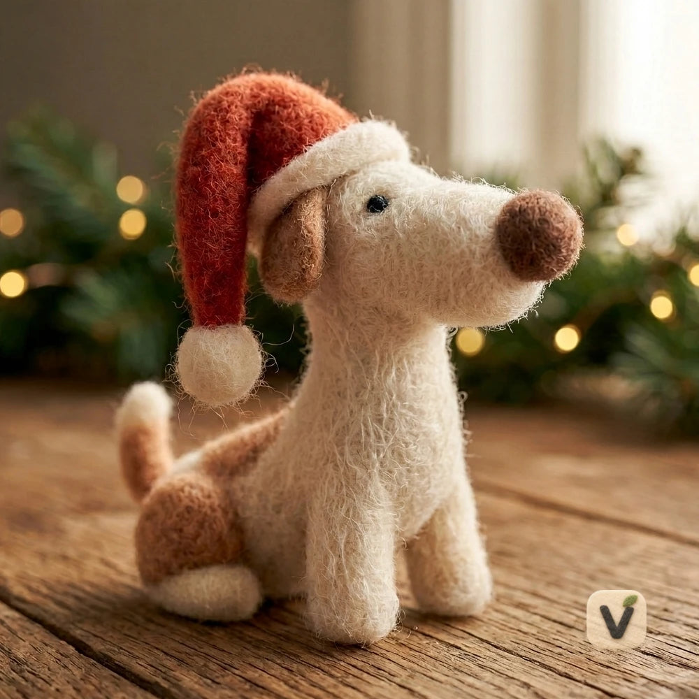 Handmade Wool Felt Puppy with Christmas Santa Hat – Festive Holiday Sitting Desktop Ornament