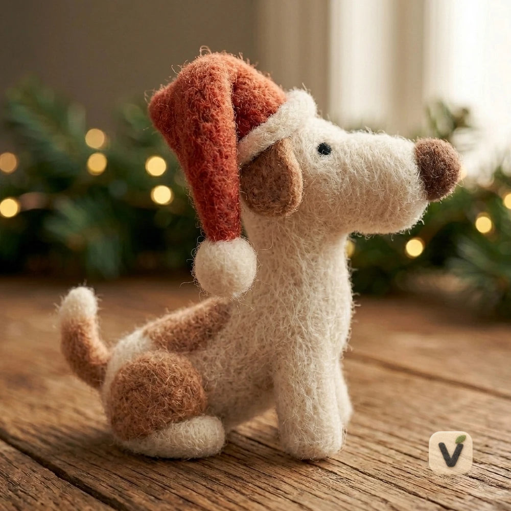 Handmade Wool Felt Puppy with Christmas Santa Hat – Festive Holiday Sitting Desktop Ornament