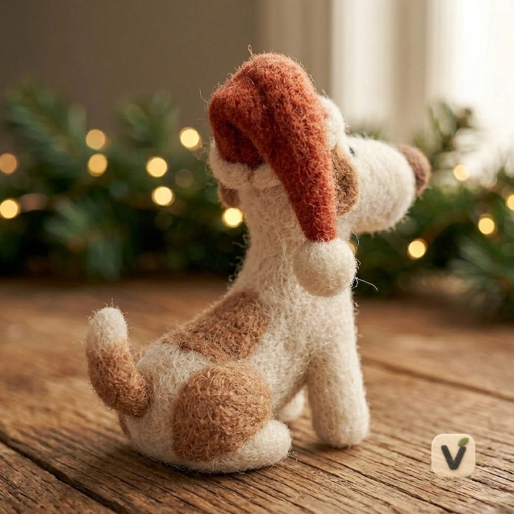 Handmade Wool Felt Puppy with Christmas Santa Hat – Festive Holiday Sitting Desktop Ornament