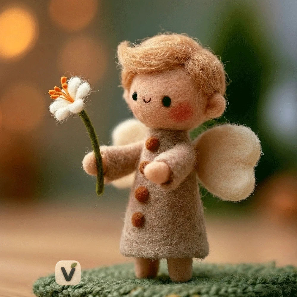 Handmade Wool Felt Little Angel with Heart Wings Holding White Daisy Flower – Warm Desktop Ornament