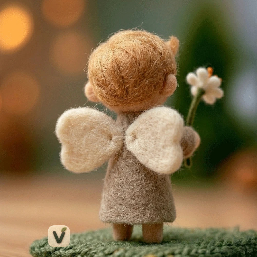 Handmade Wool Felt Little Angel with Heart Wings Holding White Daisy Flower – Warm Desktop Ornament