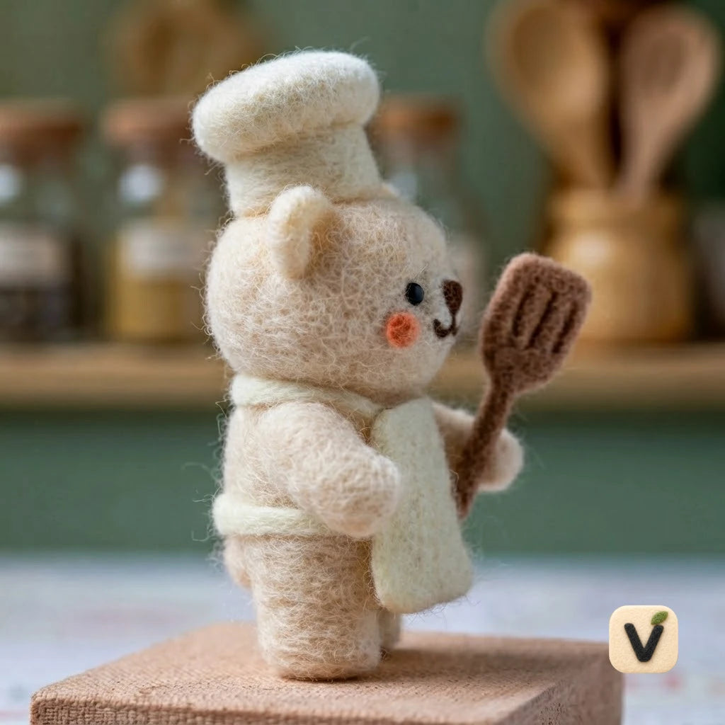 Handmade Wool Felt Chef Bear with Chef Hat, Apron and Cooking Spatula – Kitchen Themed Desktop Ornament