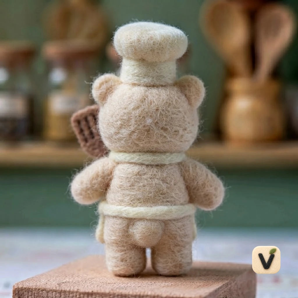 Handmade Wool Felt Chef Bear with Chef Hat, Apron and Cooking Spatula – Kitchen Themed Desktop Ornament