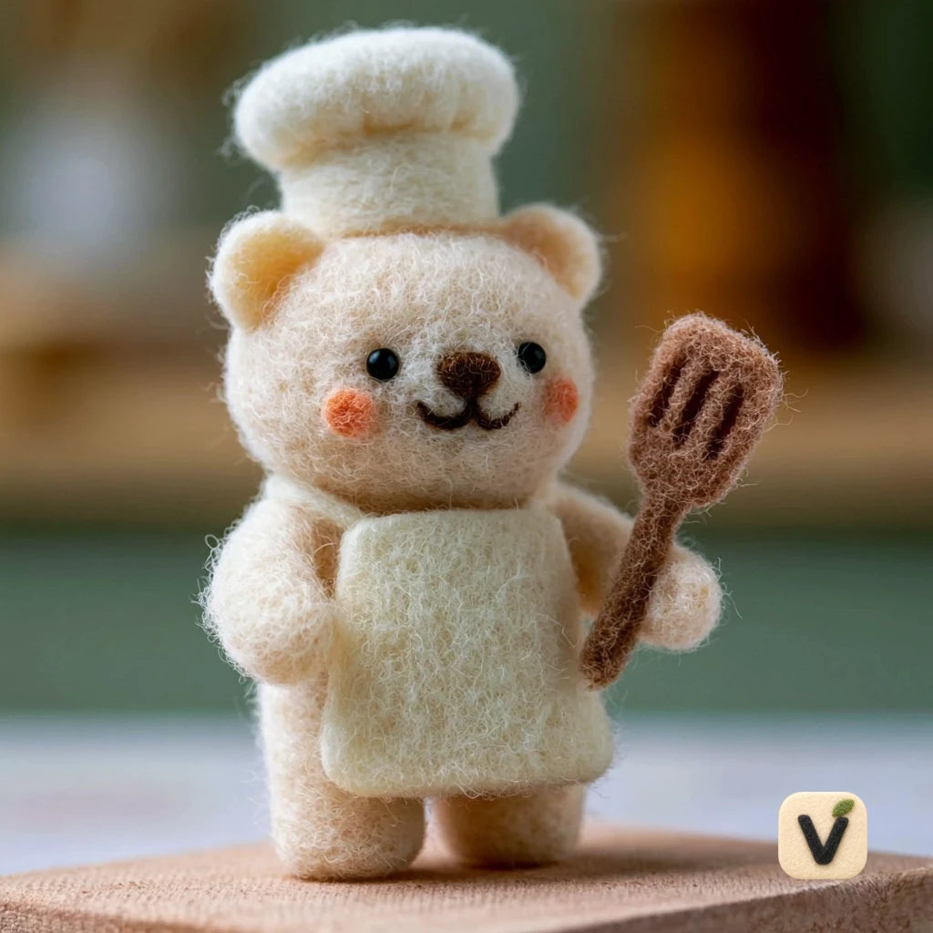 Handmade Wool Felt Chef Bear with Chef Hat, Apron and Cooking Spatula – Kitchen Themed Desktop Ornament