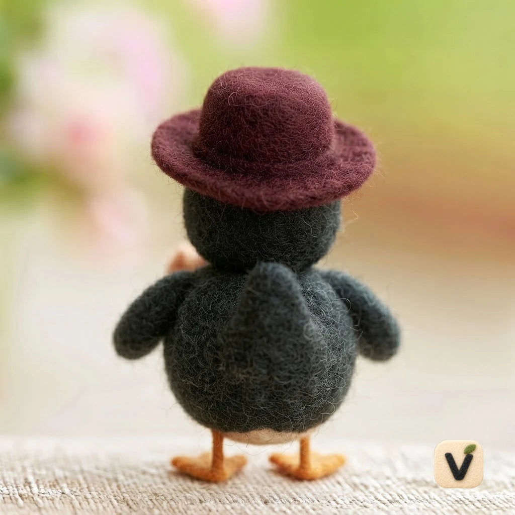 Handmade Wool Felt Black Duck with Burgundy Hat and Beige Rose Flower – Gentle Romantic Desktop Ornament