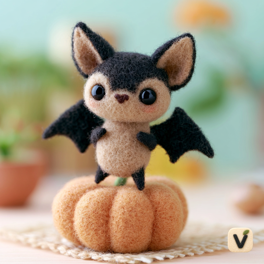 Handmade Wool Felt Cute Bat Standing on Pumpkin – Halloween Themed Desktop Ornament