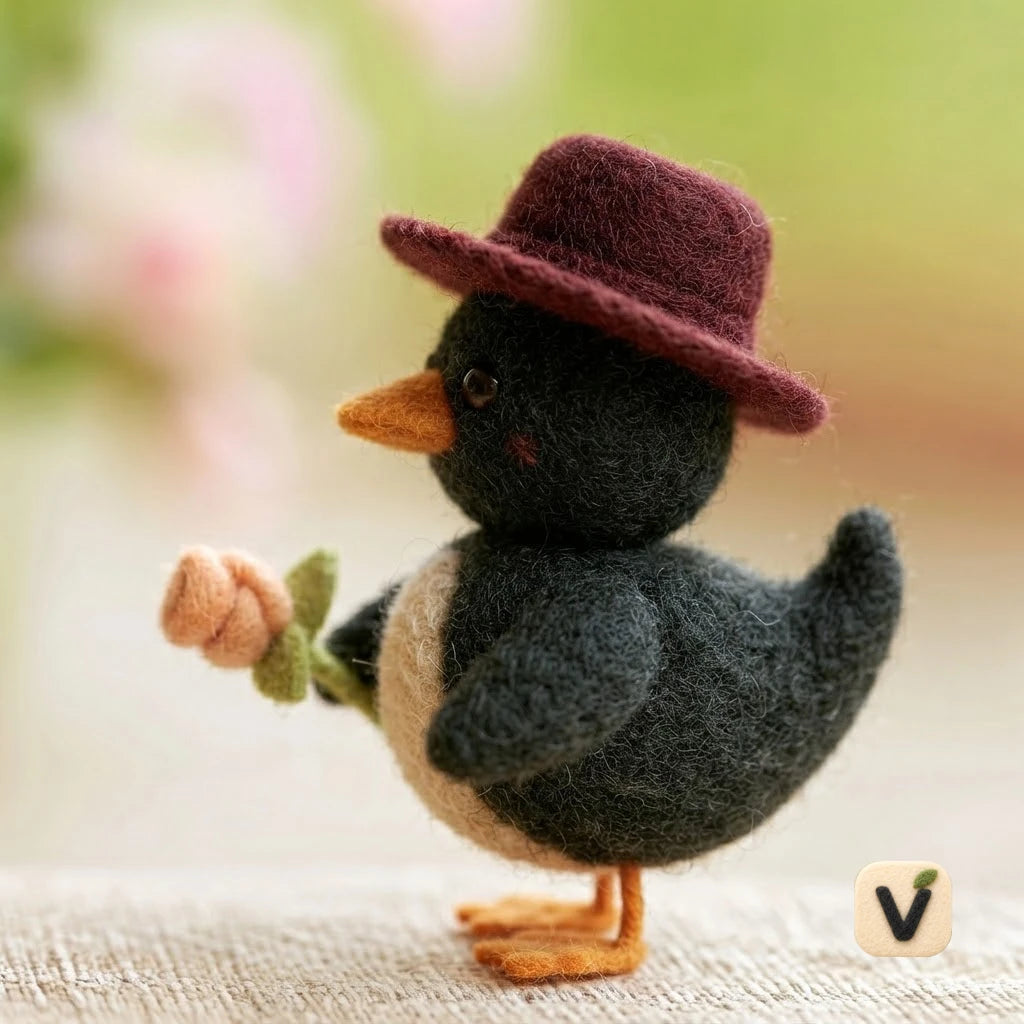 Handmade Wool Felt Black Duck with Burgundy Hat and Beige Rose Flower – Gentle Romantic Desktop Ornament