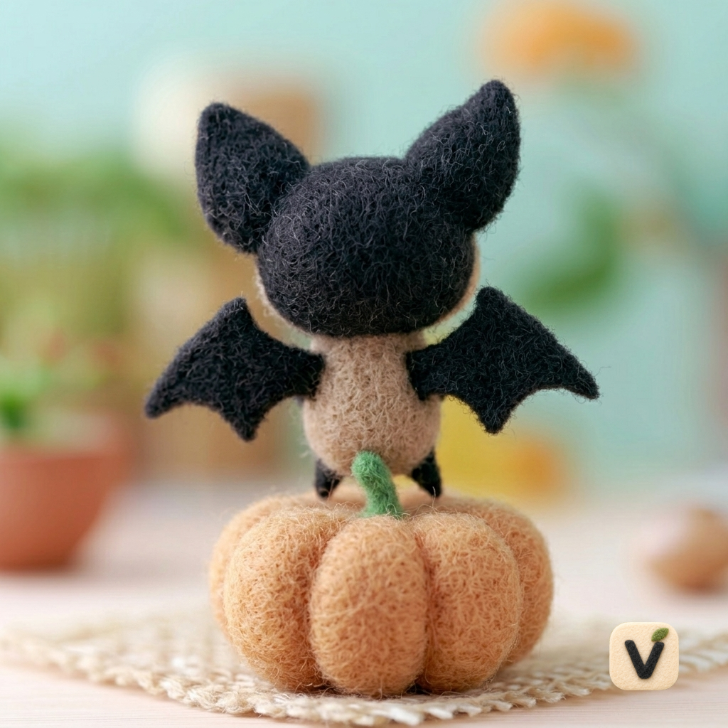 Handmade Wool Felt Cute Bat Standing on Pumpkin – Halloween Themed Desktop Ornament