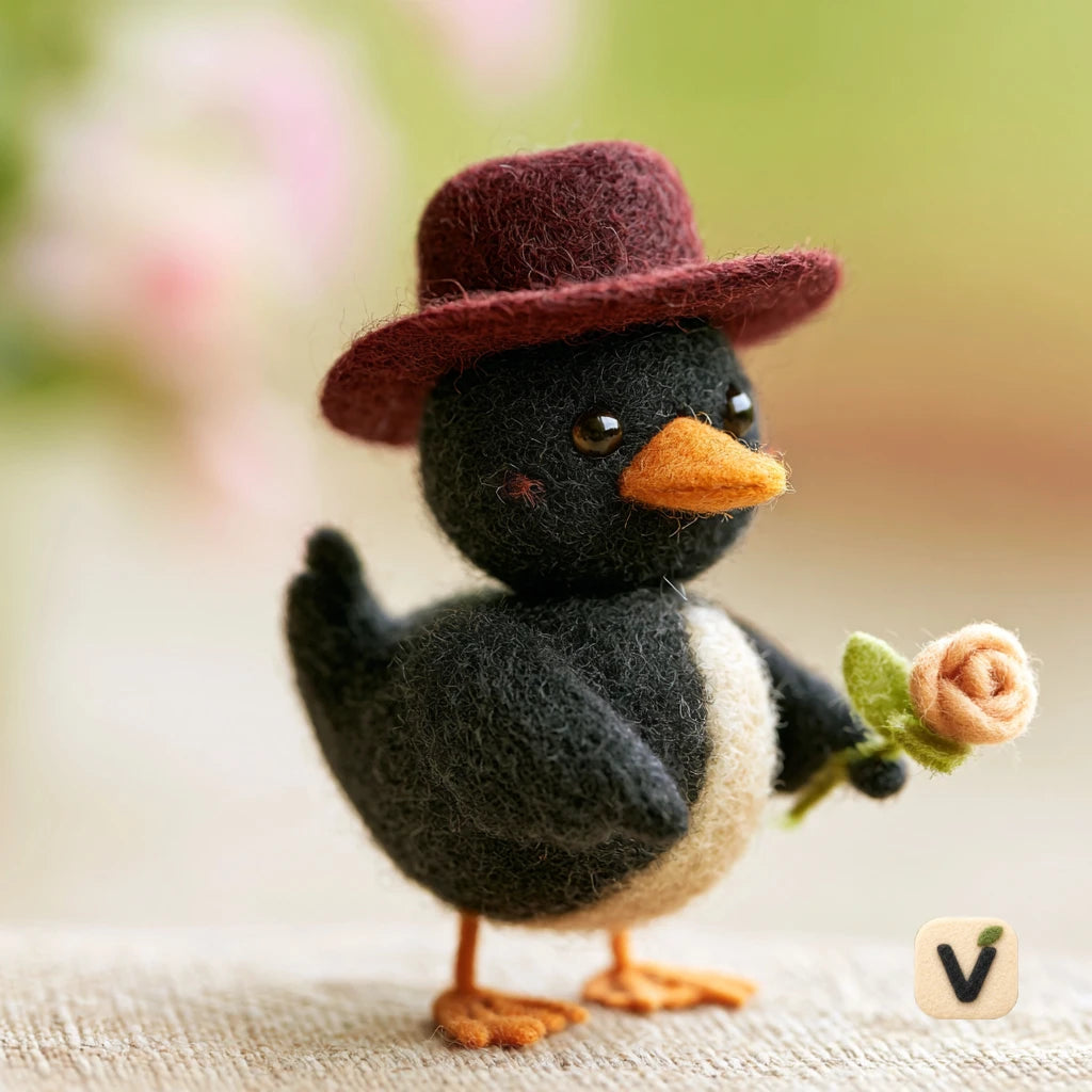 Handmade Wool Felt Black Duck with Burgundy Hat and Beige Rose Flower – Gentle Romantic Desktop Ornament