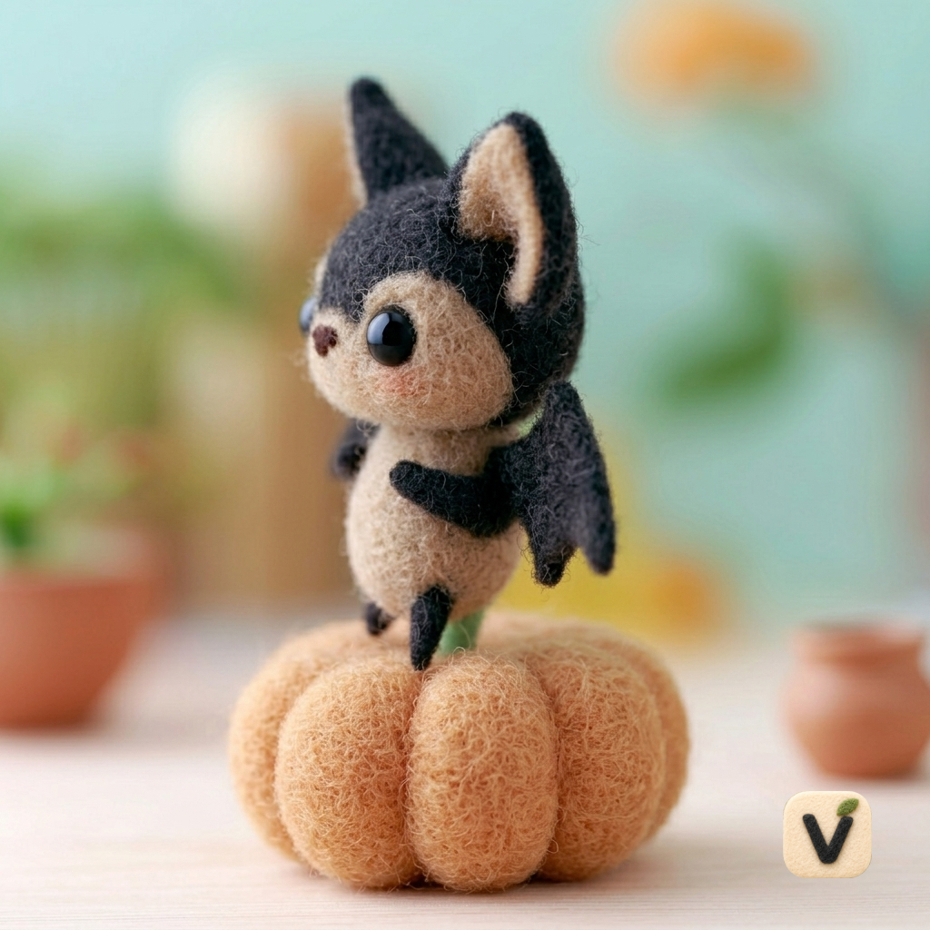 Handmade Wool Felt Cute Bat Standing on Pumpkin – Halloween Themed Desktop Ornament