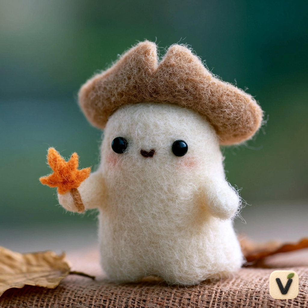 Handmade Wool Felt Cute Ghost with Cowboy Hat Holding Maple Leaf – Autumn Themed Desktop Ornament