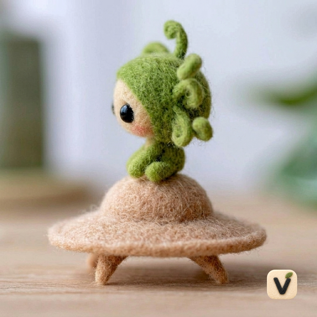 Handmade Wool Felt Curly Green Alien Sitting on UFO Flying Saucer – Space Themed Desktop Ornament