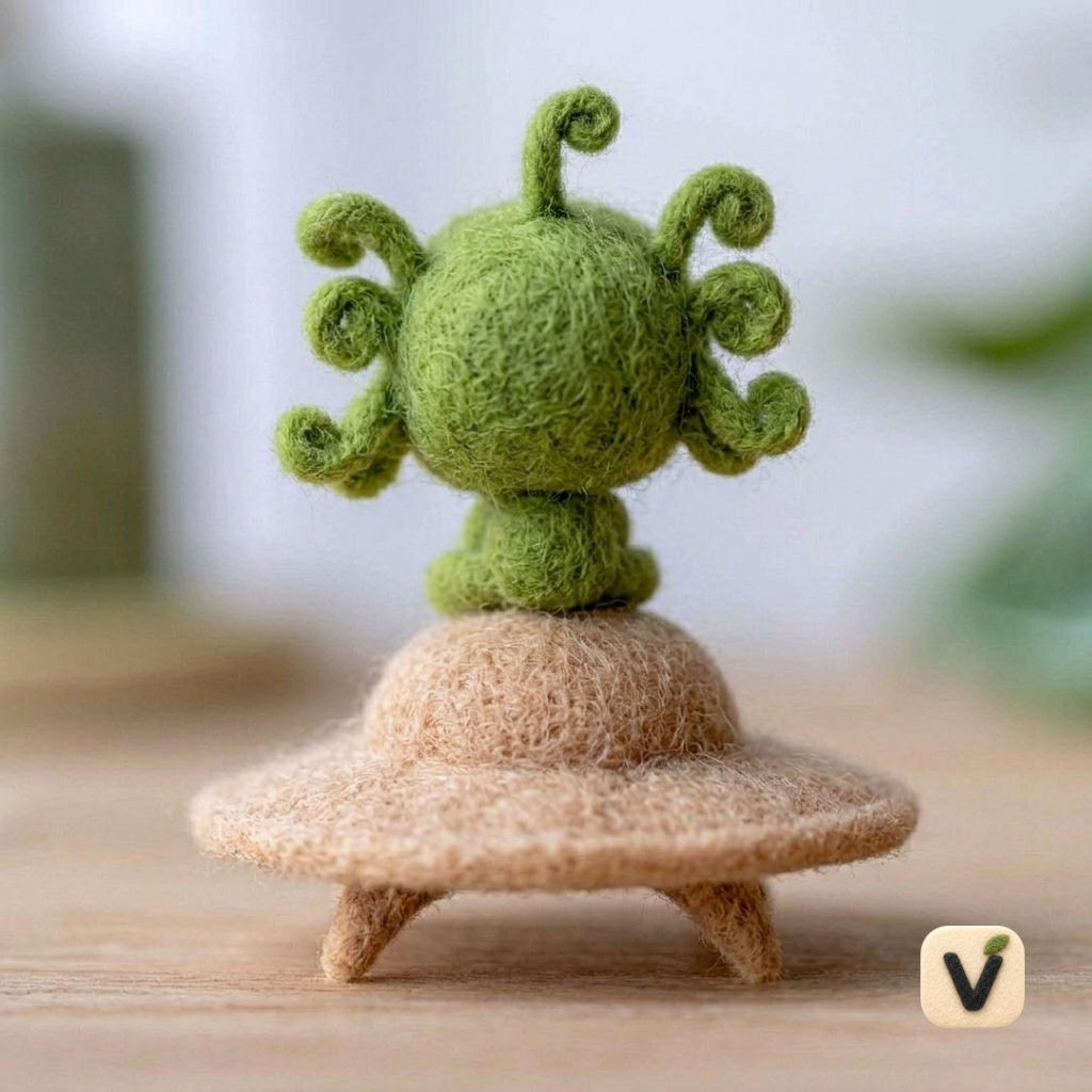 Handmade Wool Felt Curly Green Alien Sitting on UFO Flying Saucer – Space Themed Desktop Ornament