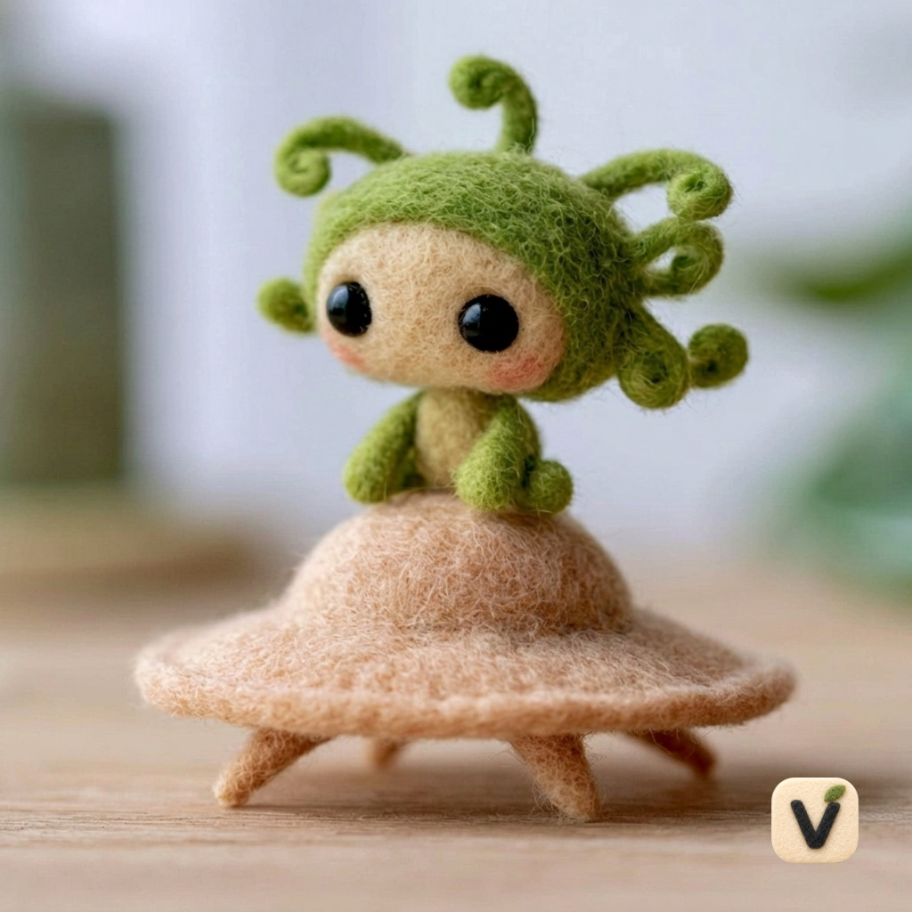 Handmade Wool Felt Curly Green Alien Sitting on UFO Flying Saucer – Space Themed Desktop Ornament