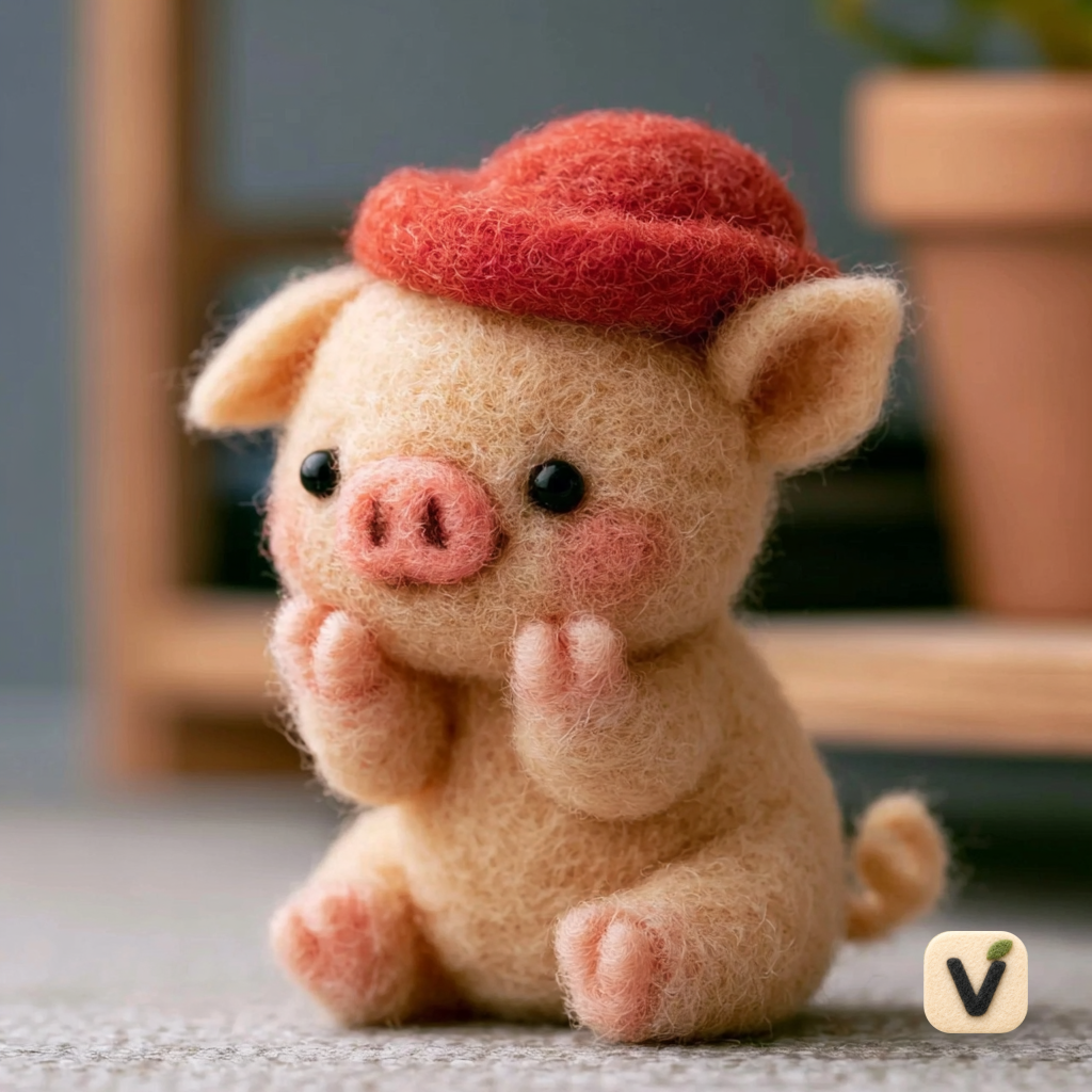 Handmade Wool Felt Shy Sitting Piglet with Red Soft Cap – Cute Farm Desktop Ornament
