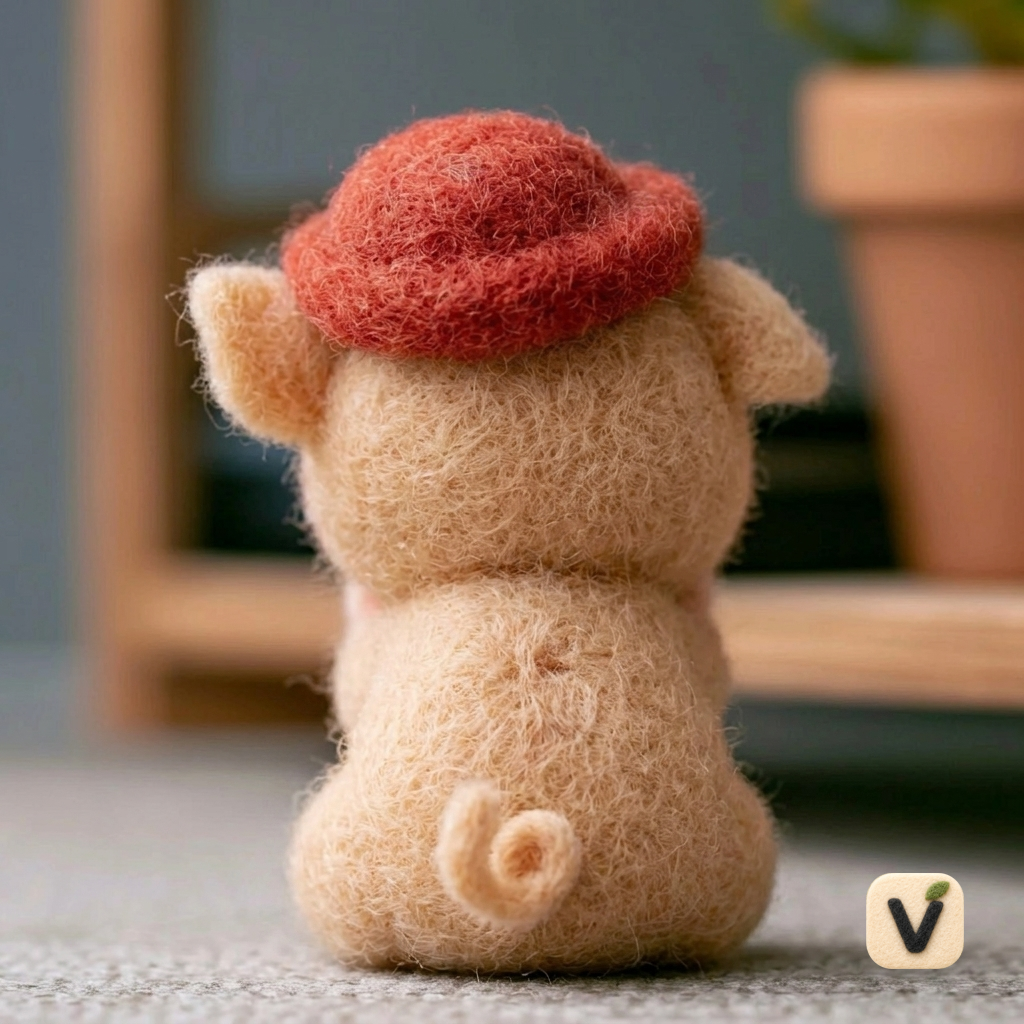 Handmade Wool Felt Shy Sitting Piglet with Red Soft Cap – Cute Farm Desktop Ornament