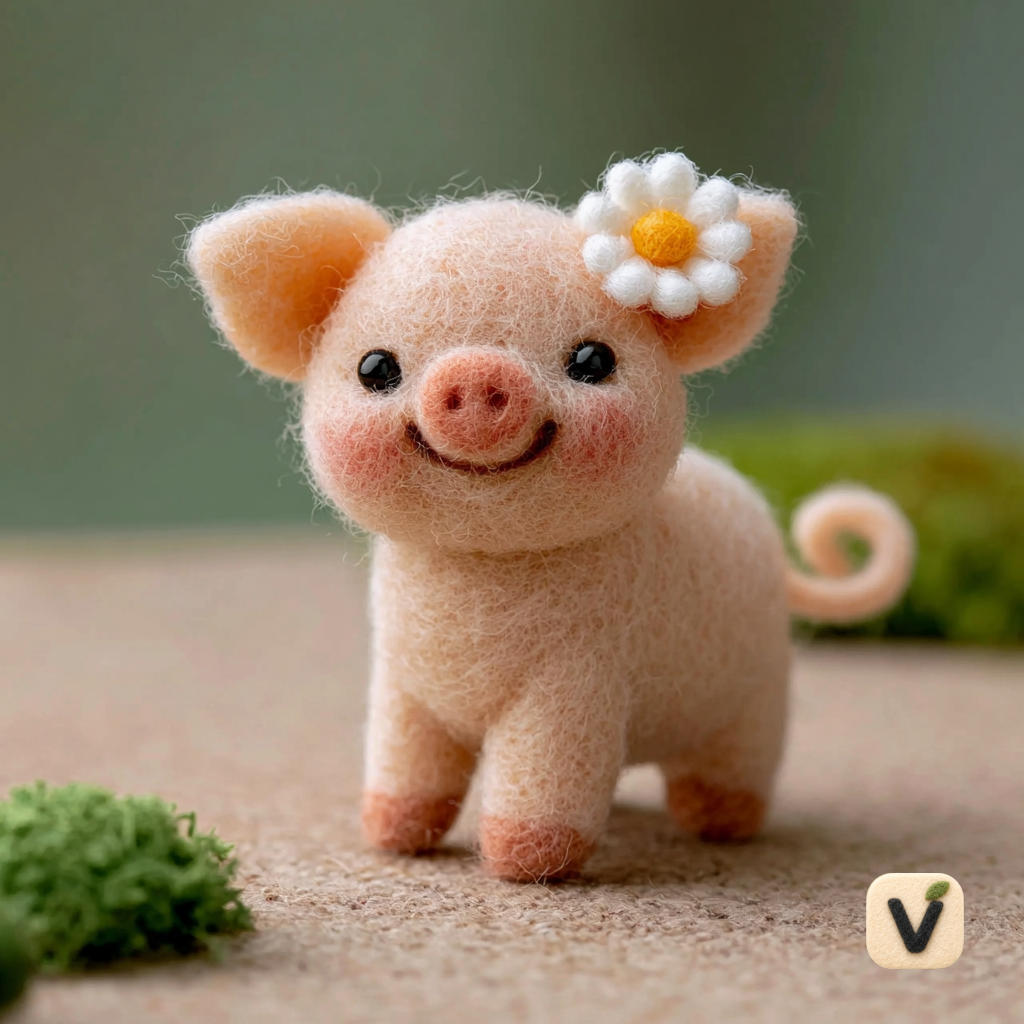 Handmade Wool Felt Standing Piglet with White Daisy Flower on Ear – Cute Pastoral Desktop Ornament