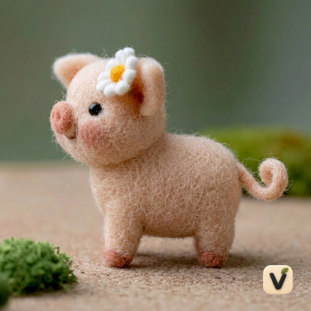 Handmade Wool Felt Standing Piglet with White Daisy Flower on Ear – Cute Pastoral Desktop Ornament
