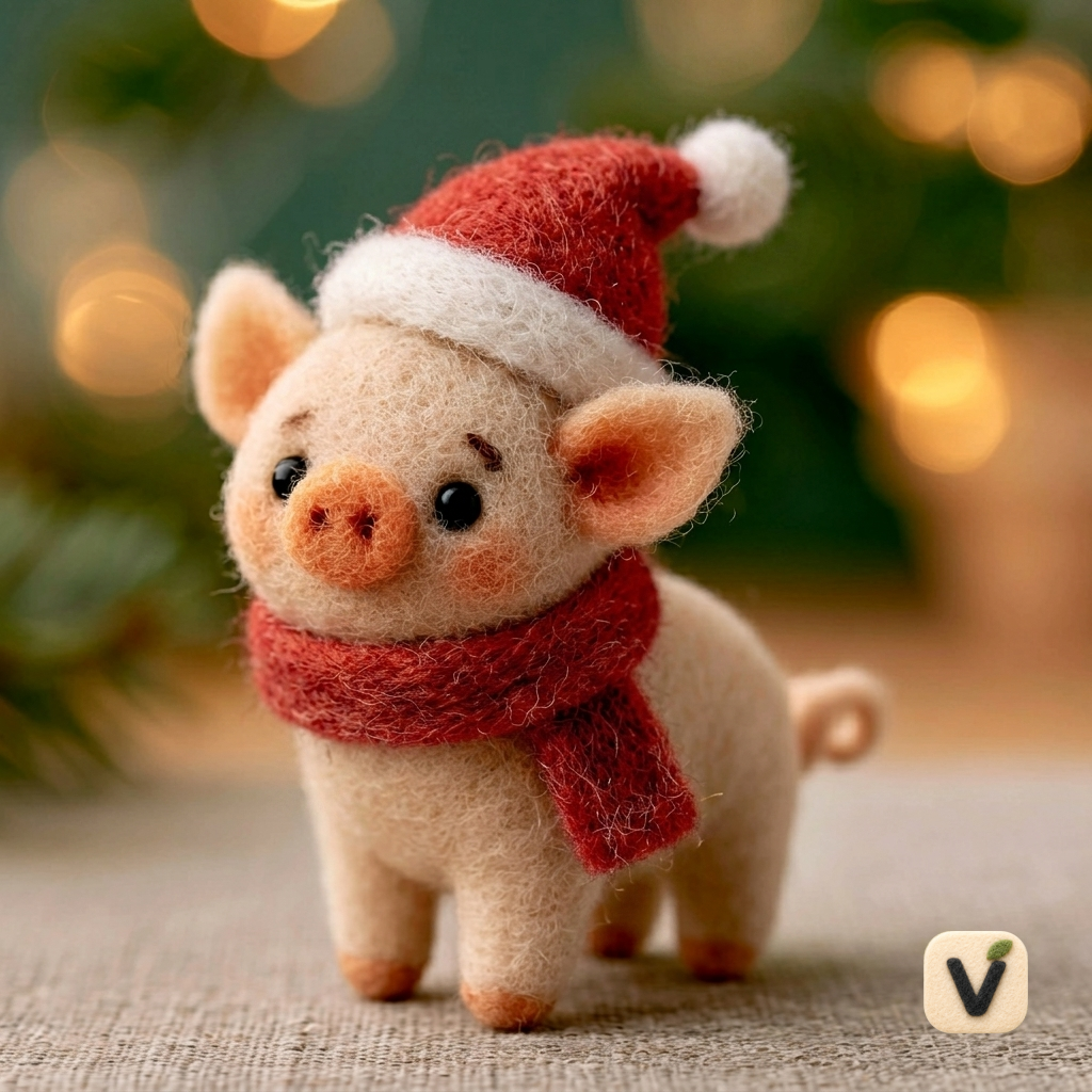 Handmade Wool Felt Christmas Piglet with Santa Hat and Red Scarf – Festive Holiday Desktop Ornament