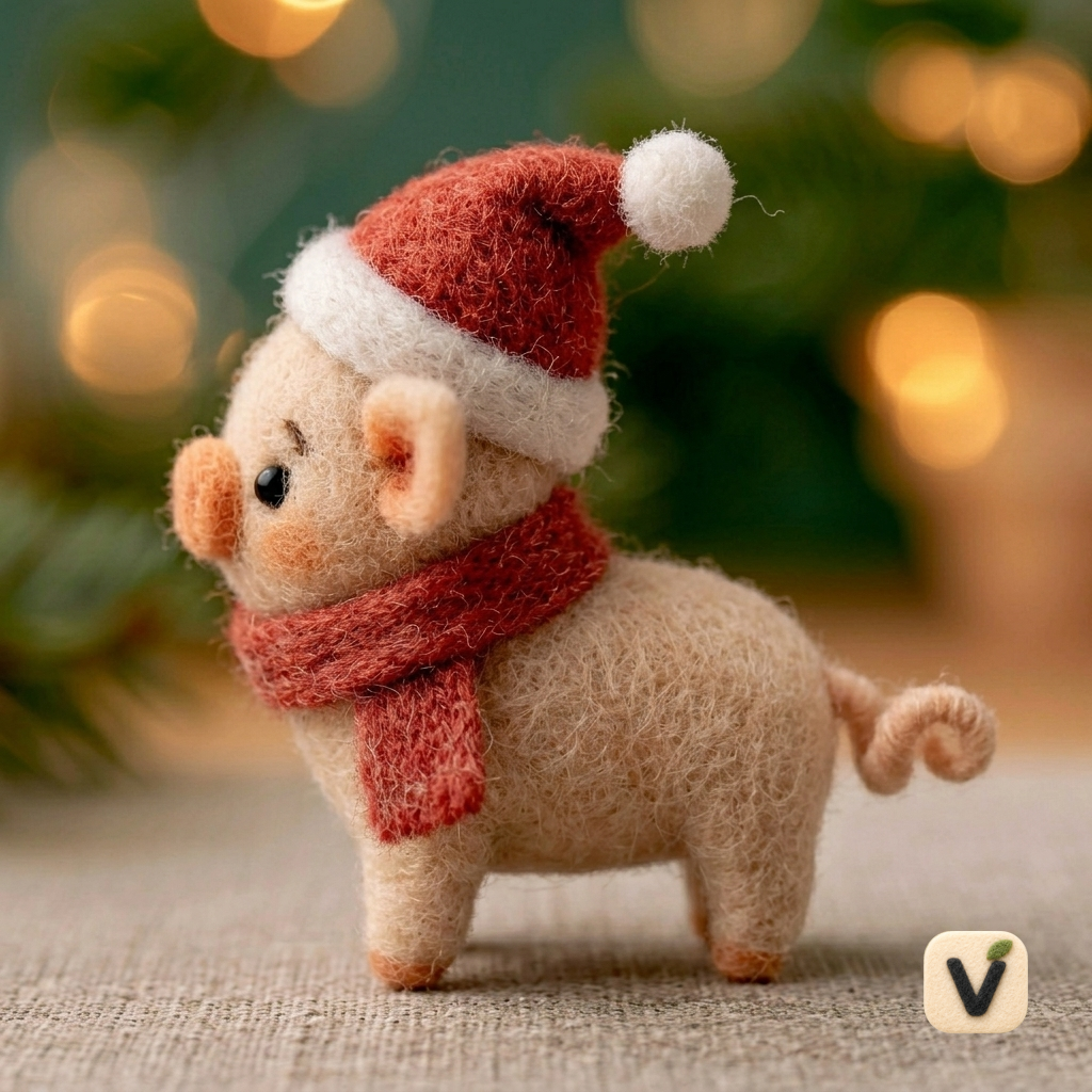 Handmade Wool Felt Christmas Piglet with Santa Hat and Red Scarf – Festive Holiday Desktop Ornament
