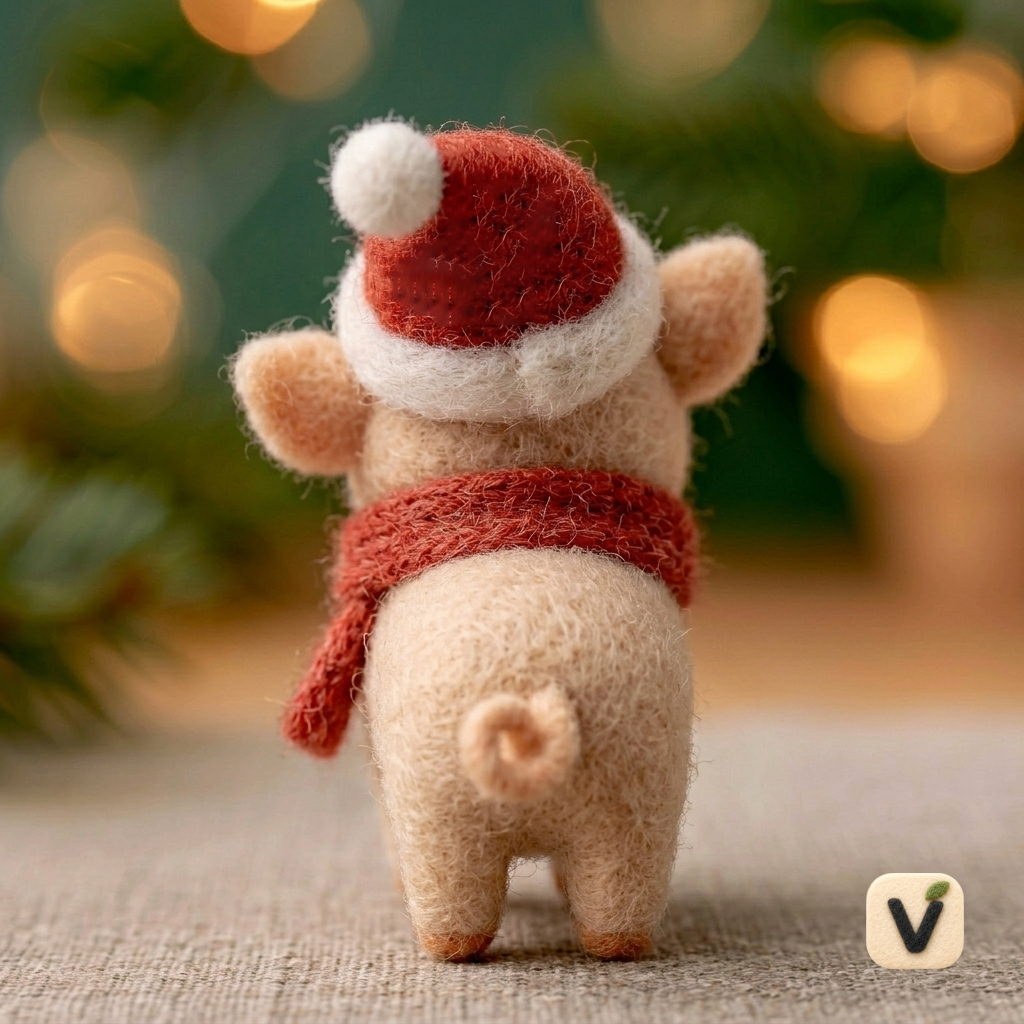 Handmade Wool Felt Christmas Piglet with Santa Hat and Red Scarf – Festive Holiday Desktop Ornament