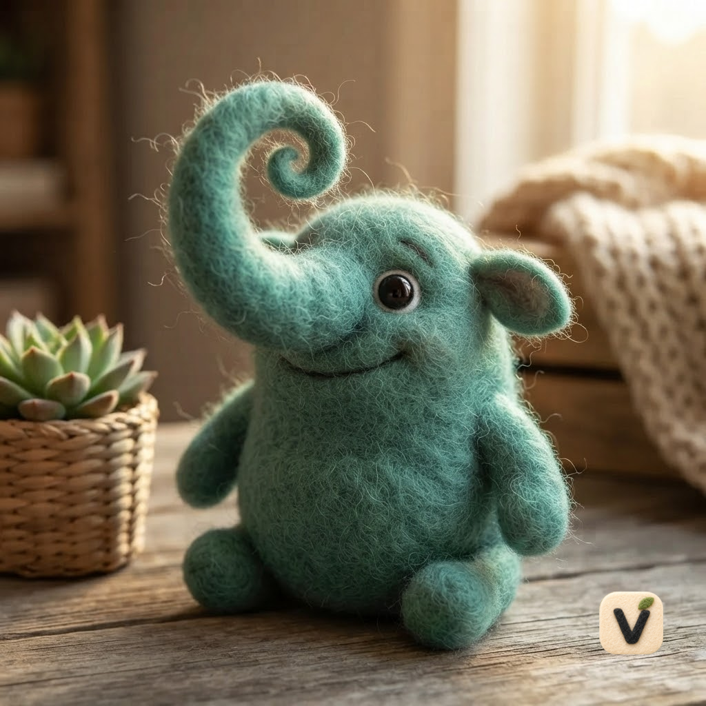 Handmade Wool Felt Mint Green Sitting Elephant with Curly Trunk – Forest Style Desktop Ornament