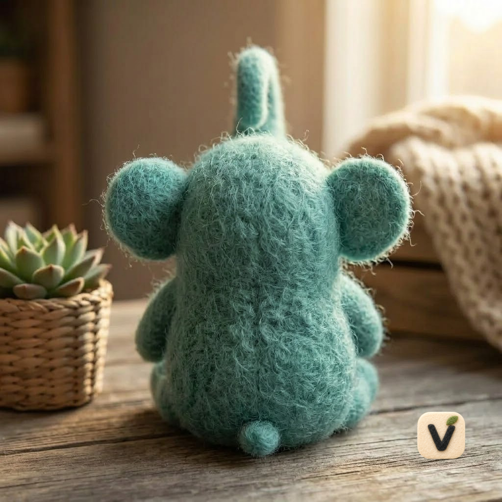 Handmade Wool Felt Mint Green Sitting Elephant with Curly Trunk – Forest Style Desktop Ornament